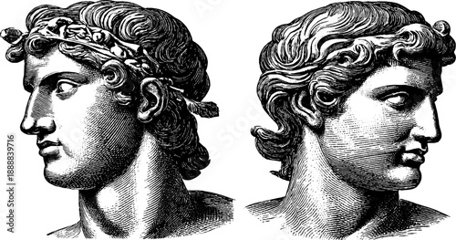 Vintage botanical engraving of classical busts in three-quarter view for design and decor