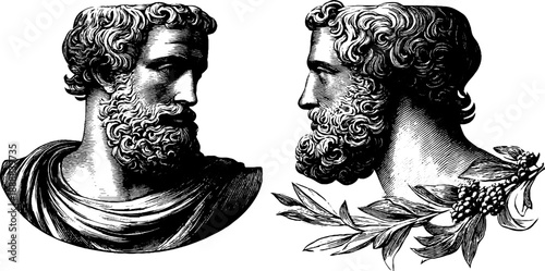 Classical bust with beard and botanical elements - vintage engraving design for art decor