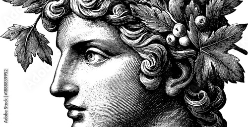 Classical bust with idealized features and botanical elements for design