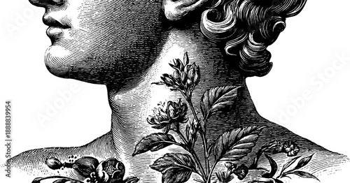 Classical bust with idealized features and vintage botanical elements for art design
