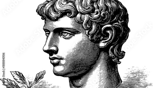 Classical bust with short hair and botanical elements - vintage engraving for art and design