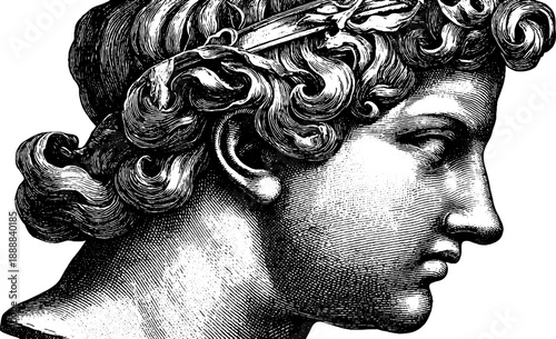 Classical bust with wavy hair and botanical elements - hand drawn vintage silhouette for artistic design