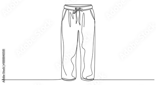 Minimalist line drawing of drawstring lounge pants isolated on a white background, showcasing relaxed fit and casual style