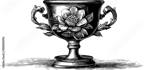 Vintage botanical trophy cup with decorative engraved floral design