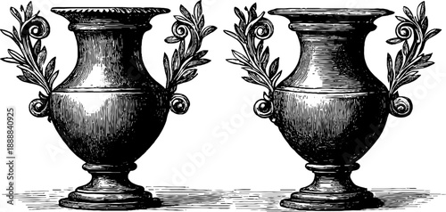 Vintage decorative vase with handles and botanical design engraving