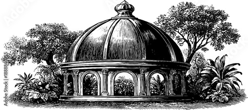 Classical dome with botanical surroundings: vintage engraved architectural design