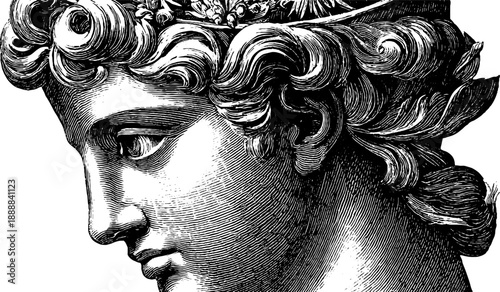 Classical marble bust of neutral female figure with vintage botanical elements - hand drawn illustration