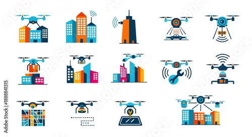 A collection of flat design icons illustrating drones performing various tasks in a smart city environment, including delivery, surveillance, and infrastructure monitoring.