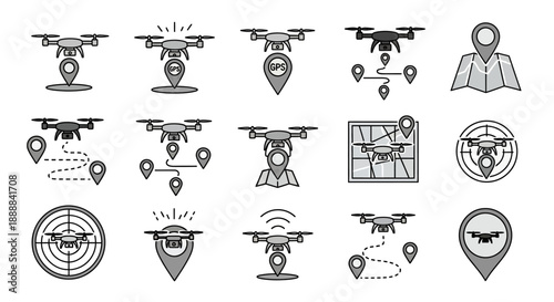 A collection of black and white drone icons illustrating navigation, delivery, mapping, and surveillance concepts.