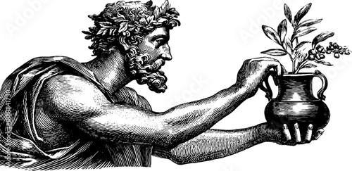 Classical statue holding botanical object - vintage sketch for retro design concepts