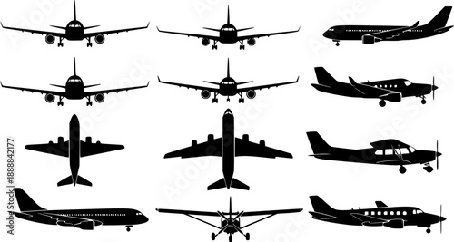 Collection of airplane silhouettes in multiple views, front, top, and side positions, black aircraft icons, aviation vector illustration, travel and transportation concept