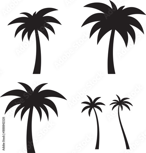  set of palm trees, palm, tree, tropical, vector, silhouette, beach, nature, leaf, illustration, summer, coconut, palm tree, island, plant, design, travel, pattern, sea, sun, palms, branch, palmtree