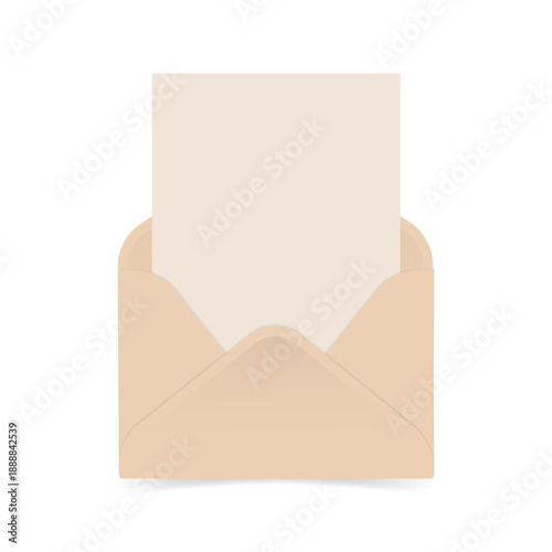 A beige envelope with an empty greeting card or letter. An envelope template with a piece of paper. Vector illustration