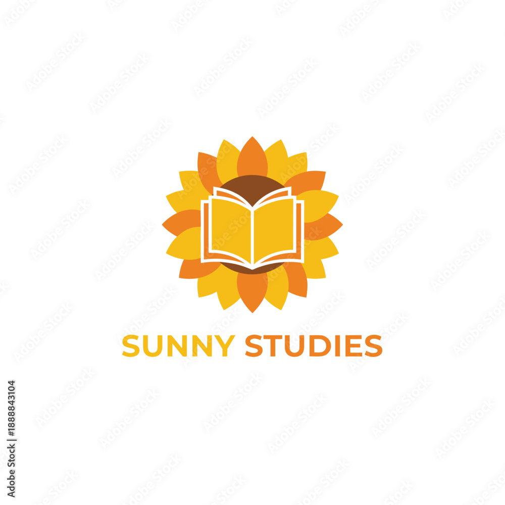 Fototapeta premium Minimalist sunflower icon with an open book for educational branding or library identity titled Sunny Studies