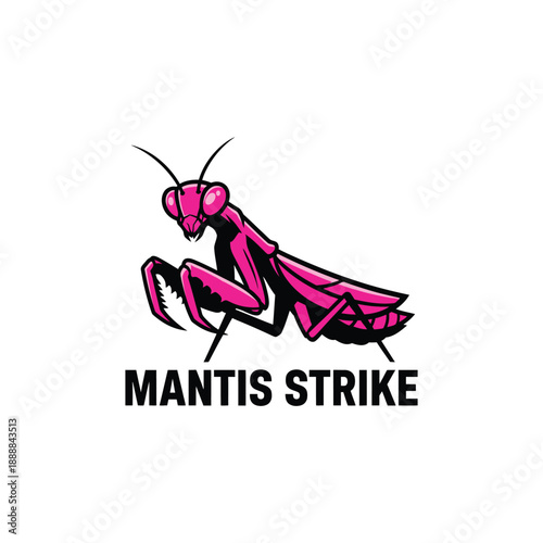 Powerful pink praying mantis mascot icon for esports or martial arts branding featuring a sharp insect illustration titled Mantis Strike