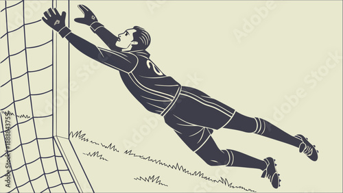 Soccer goalkeeper diving to block shot on goal with outstretched arms