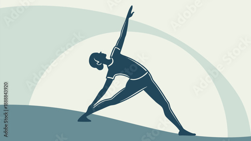 Woman in dynamic yoga pose on serene landscape with sunrise