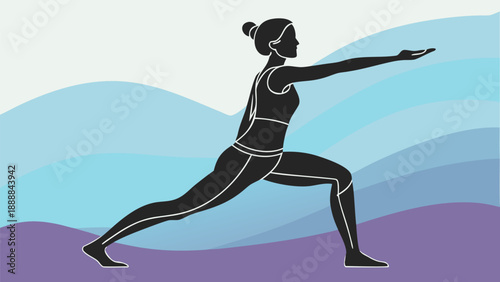 Woman in dynamic yoga pose with outstretched arm and focused expression