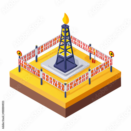 Oil Rig Platform with Burning Flare and Safety Fencing.