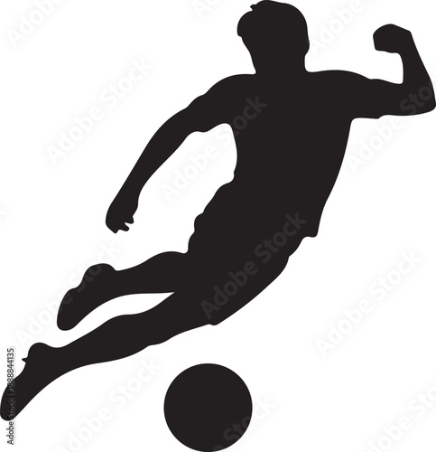 Black silhouette of a soccer player kicking a ball isolated on white background