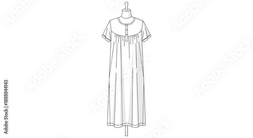Illustration of a cotton nightgown with short sleeves and buttons, isolated on a white background, showcasing classic design and simplicity