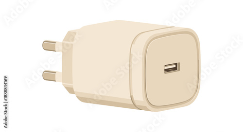 Beige charger block isolated on a clean white background, showcasing a minimalist design with USB port and prongs, perfect for electronic devices