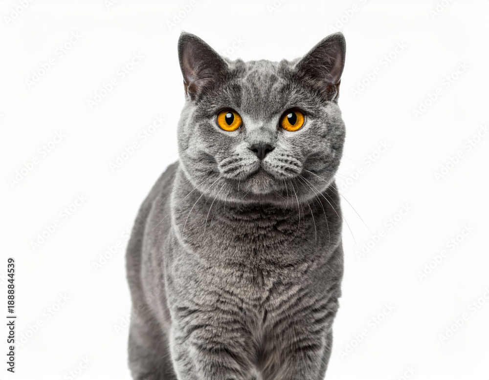 Obraz premium Funny British Shorthair Cat, Cute Grey Pet over White Background