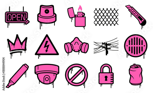 Pink Street Art Graffiti Element Kit Featuring Urban Subculture Icons for Edgy Graphic Design Projects