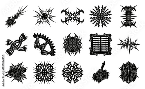 Neo-Tribal Cyberpunk Industrial Elements Asset Sheet for Hardcore Streetwear and Brutalist Graphic Design