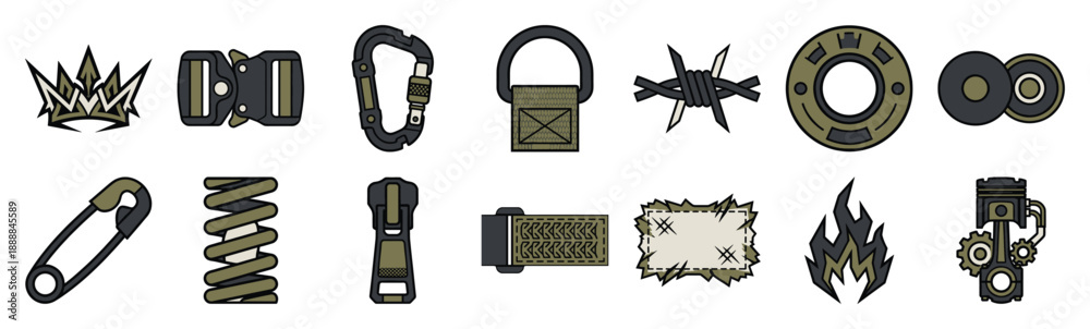 Naklejka premium Flat Vector Tactical Hardware Element Kit for Military Apparel Design and Industrial Branding