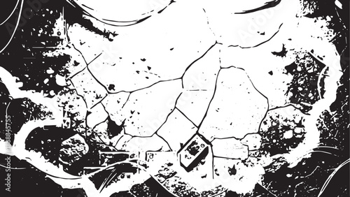 Aerial view of topographical map featuring technical lines and terrain patterns with heavy ink textures and cracked surface details depicting complex landscape planning and architectural base