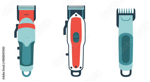 Three distinct electric hair clippers displayed vertically against a clean white background illustration