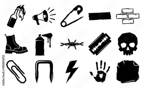 Grungy Punk Rock Aesthetic Hand Drawn Graphic Element Kit for Underground Streetwear Design