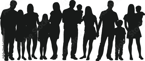 Silhouette of multiple families standing together with children, symbolizing unity, parenting, relationships and support in a modern family bonding and lifestyle concept