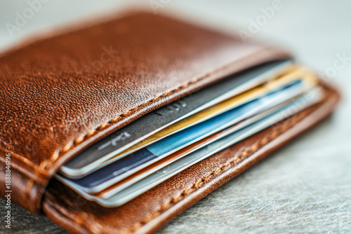 Brown leather wallet stuffed with several credit cards and identification cards showcasing everyday financial essentials and personal organization skills on a soft b