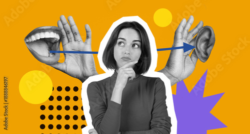 Photos A collage shows a woman deep in thought surrounded by hands