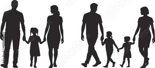 Silhouette of parents walking with children, symbolizing family unity, support, parenting, childhood and lifestyle in a modern family relationship concept with minimal artistic style