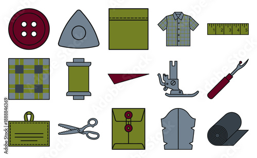 Flat Vector Sewing and Tailoring Element Kit for Fashion Design and Garment Construction Asset Sheet