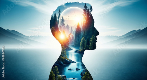 Exploring the expansive inner landscape of human consciousness, where serene nature scenes like mountains, forests, and rivers reflect peace and profound thought