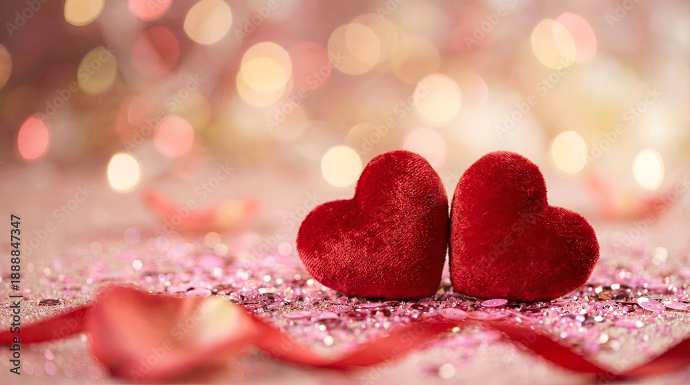 Obraz premium Two plush red hearts on glittery pink surface with bokeh background creating romantic atmosphere for valentines day celebration