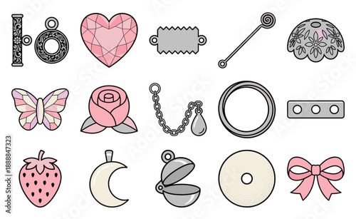 Coquette Aesthetic Jewelry Charms Graphic Set for Romantic Accessory Design and Girly Scrapbooking