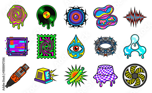 Psychedelic Acid Techno Graphic Element Kit for Y2K Rave Culture and Glitch Art Underground Club Flyers