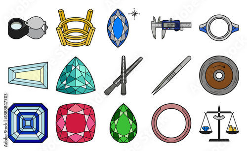 Isometric Jewelry Design Asset Sheet Featuring Gemstone Cuts and Lapidary Tools for Goldsmithing Workshops