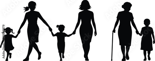 Silhouettes of women children walking together, symbolizing motherhood, generational connection, nurturing and family lifestyle in a modern parenting and childhood concept with minimal artistic style