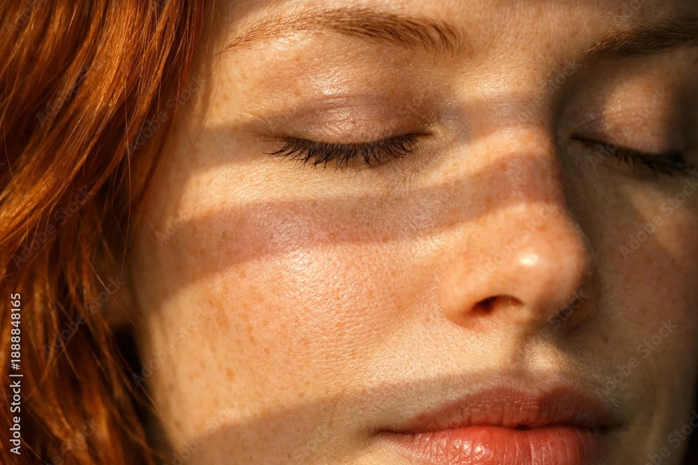 Naklejka premium Close-up of freckled woman face with closed eyes and soft sunlight creating gentle shadow pattern.