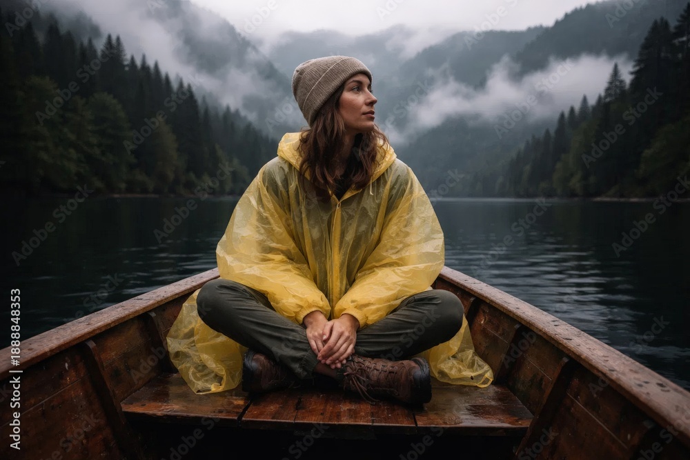 Naklejka premium Woman in yellow rain poncho sitting in wooden boat on misty mountain lake, calm autumn wilderness travel mood.