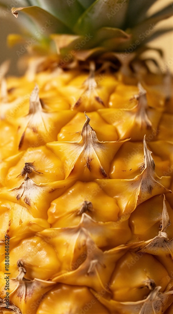 Fototapeta premium Close-up of ripe pineapple with detailed texture and green leaves
