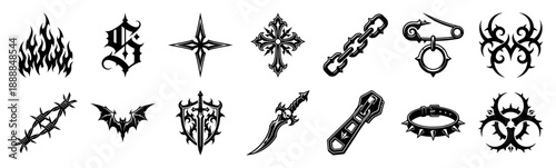 Gothic Cyberpunk Y2K Tribal Ornaments Graphic Asset Sheet for Alternative Streetwear and Tattoo Design