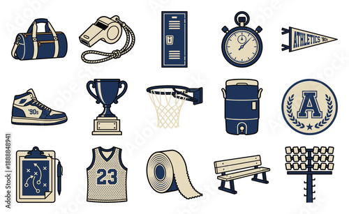 Retro Flat Vector Basketball and Varsity Sports Element Kit for 90s School Athletics Branding