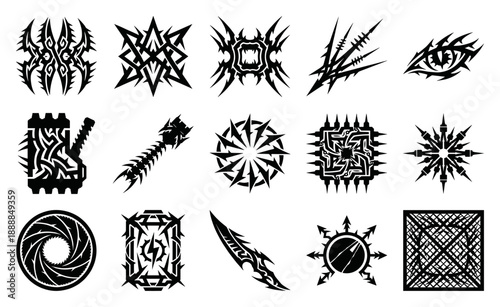 Aggressive Neo-Tribal Sigil Graphic Asset Sheet for Cyberpunk and Dark Fantasy Branding